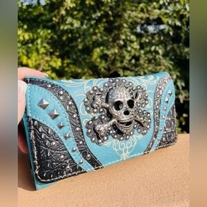 Leather Crystal Skull Convertible Crossbody Wallet Turquoise Studded NWT